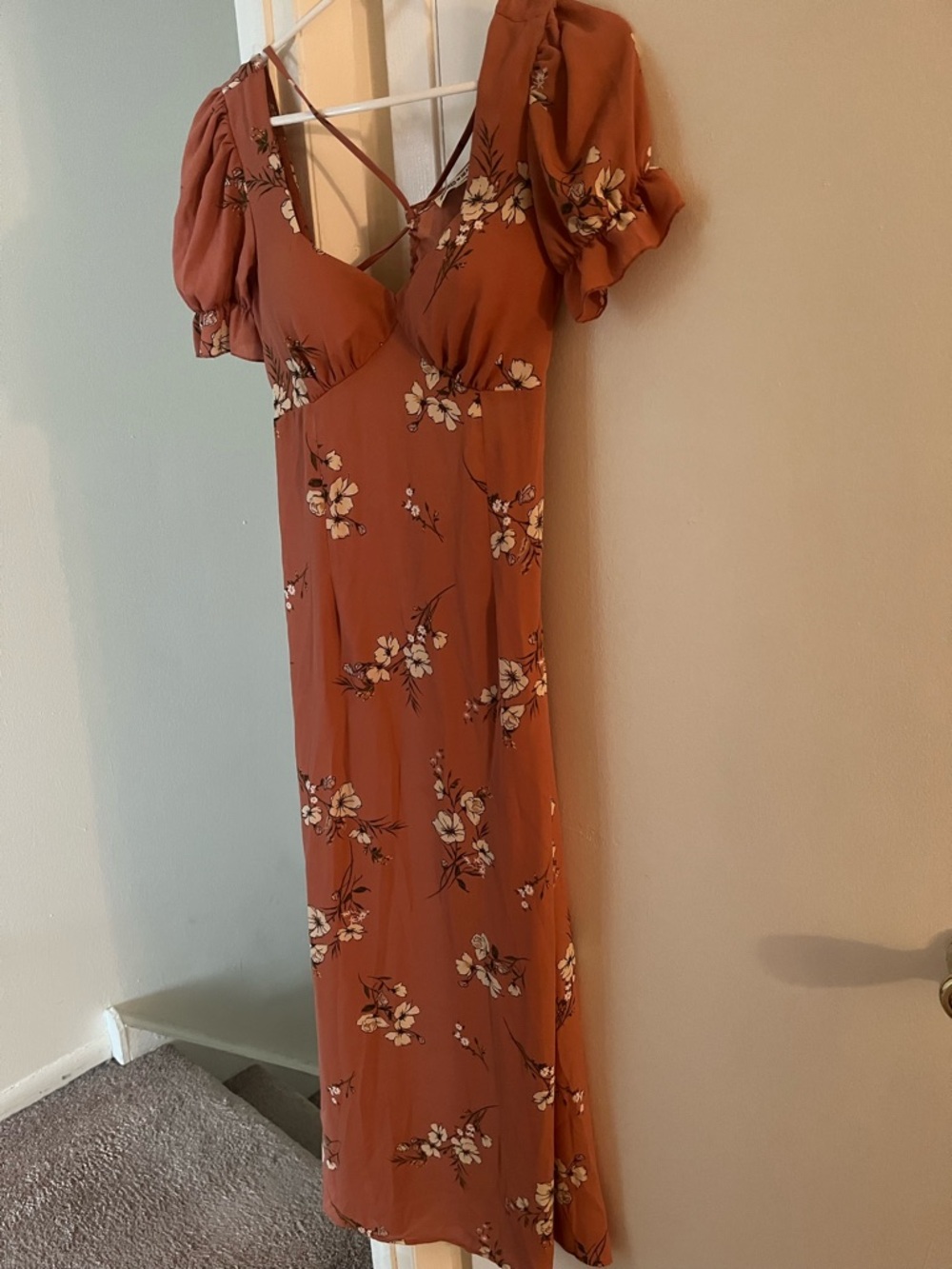 Inspired Hearts Rust Floral Maxi Dress with Puff Sleeves